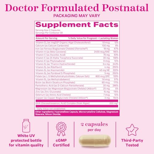 Doctor formulated postnatal supplement facts and description.