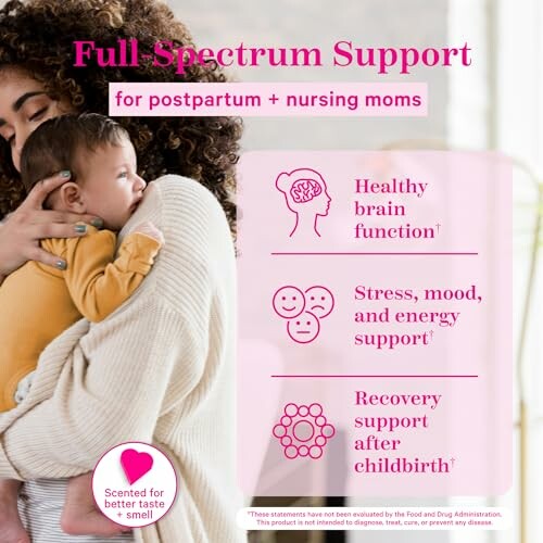 Mother holding baby with benefits of postpartum support for nursing moms.